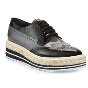 Prada Spazzolato Leather Oxford Lace Up Creeper Shoes Platform Espadrille Black